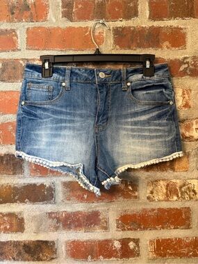 P123 - Altar'd State Light Blue Crochet-Trim Denim Shorts